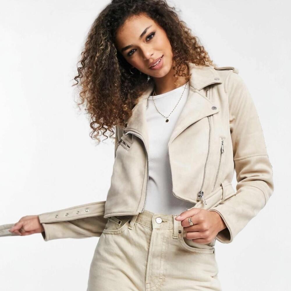 Stylish Cropped Biker Jacket - Cream Color